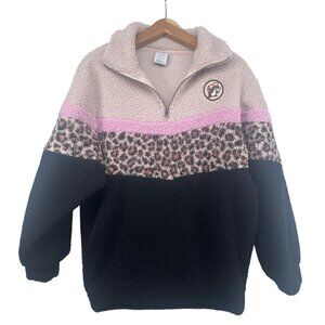 Buc-Ees Womens Popover Top Sz S Pink Leopard Black Ombre 1/4 Zip Fleece Sherpa